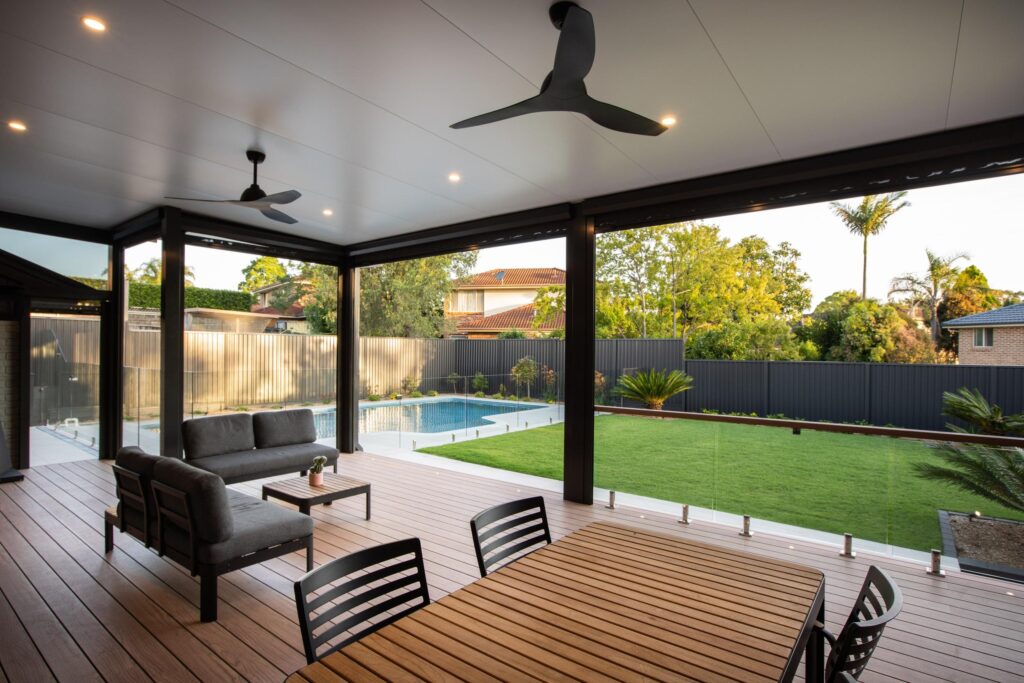 Modern Australian backyard featuring a covered outdoor living and entertaining area.