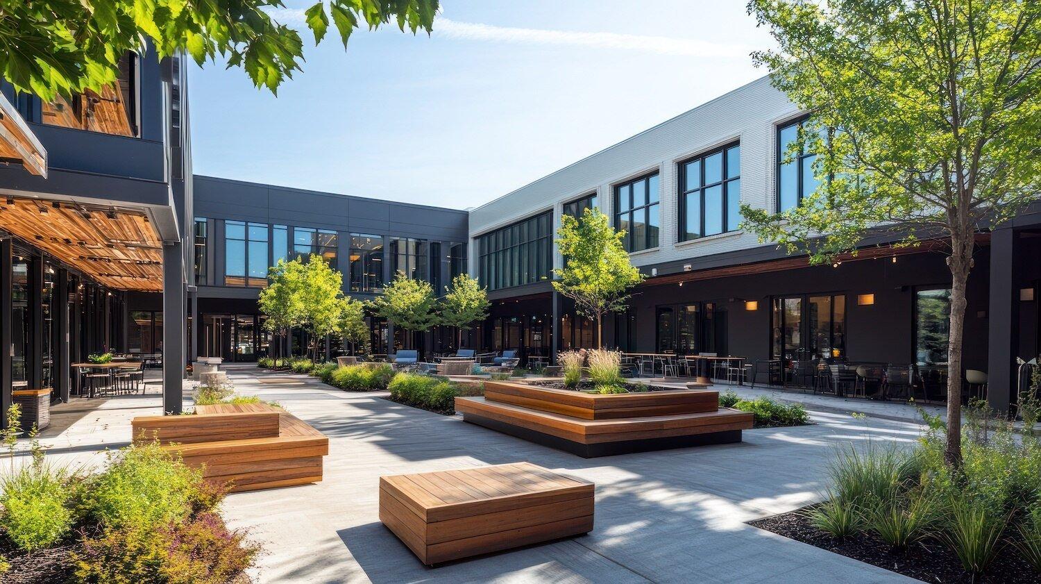 Landscaped commercial courtyard with native plants and outdoor seating