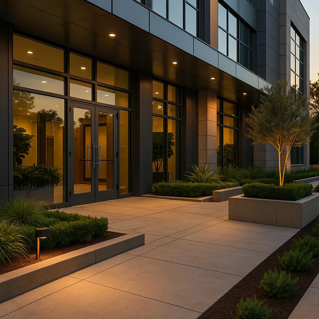 Commercial building entrance enhanced with landscape lighting and native plants
